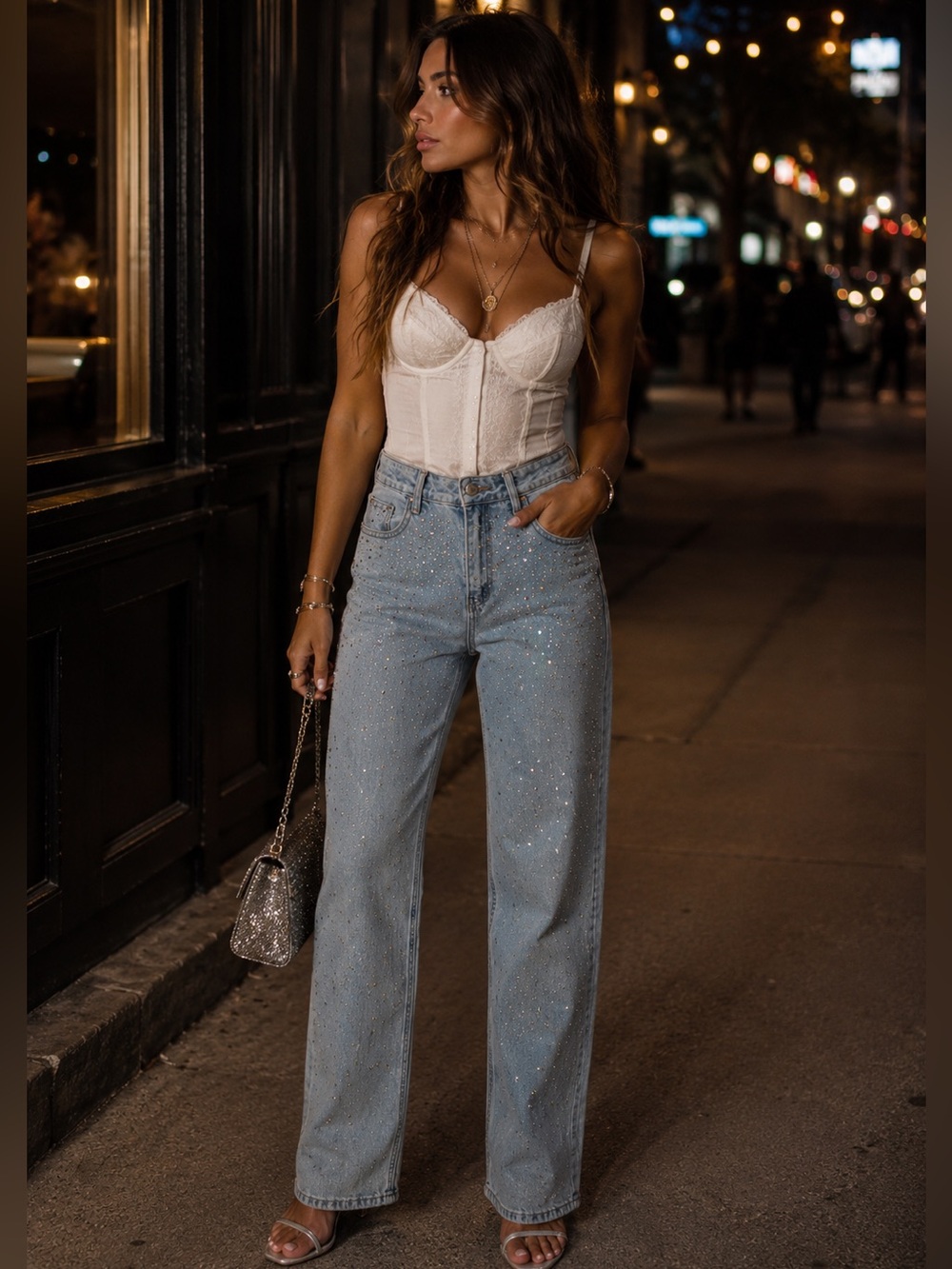 Rhinestone Embellished Light Wash Straight-Leg Jeans